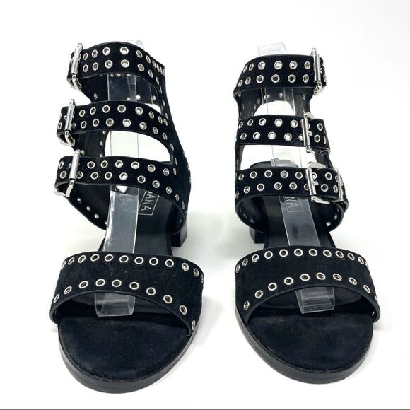 SOL Sana Black Sweet Pea Black Studded Suede Block Heeled Sandals Size 39 - Picture 6 of 11